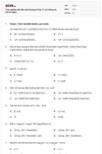 Trắc nghiệm Bài tập cuối chương VI lớp 11 (có đúng sai, trả lời ngắn)
