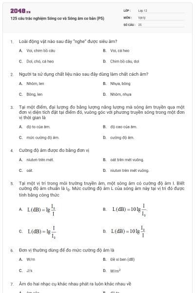 125 câu trắc nghiệm Sóng cơ và Sóng âm cơ bản (P5)