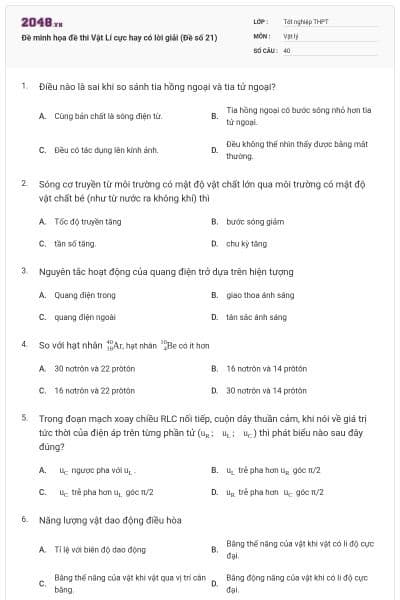 Đề minh họa đề thi Vật Lí cực hay có lời giải (Đề số 21)