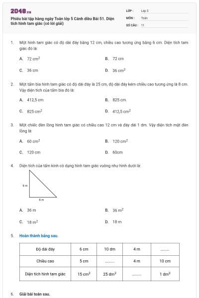 Phiếu bài tập hàng ngày Toán lớp 5 Cánh diều Bài 51. Diện tích hình tam giác (có lời giải)