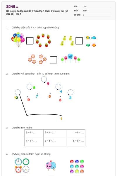 Đề cương ôn tập cuối kì 1 Toán lớp 1 Chân trời sáng tạo (có đáp án) - Đề 4