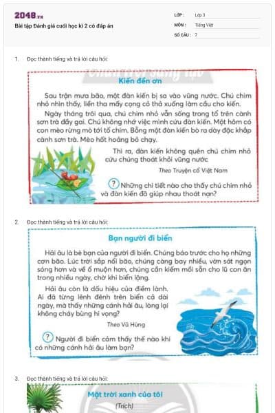 Bài tập Đánh giá cuối học kì 2 có đáp án