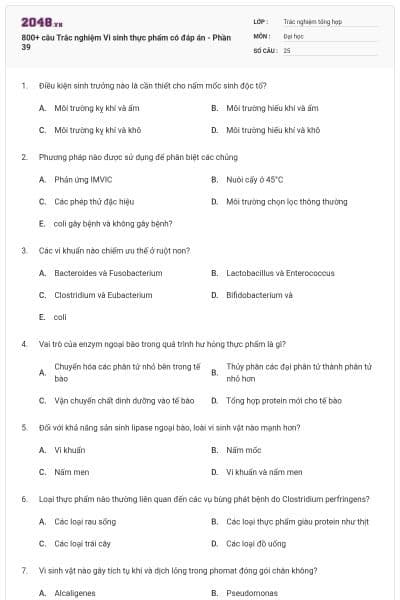 800+ câu Trắc nghiệm Vi sinh thực phẩm có đáp án - Phần 39