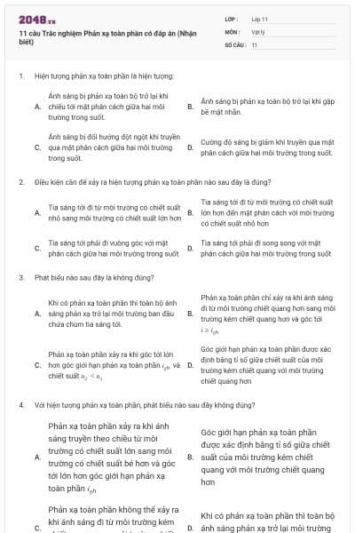 11 câu Trắc nghiệm Phản xạ toàn phần có đáp án (Nhận biết)