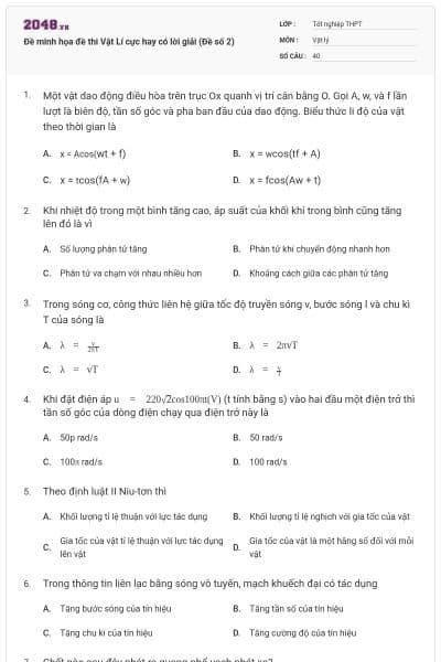 Đề minh họa đề thi Vật Lí cực hay có lời giải (Đề số 2)