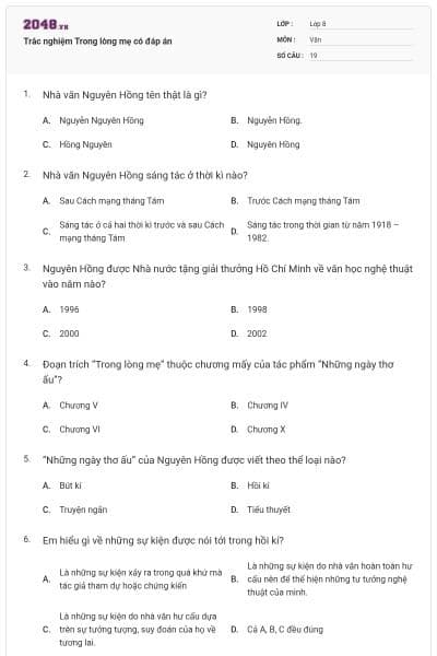 Trắc nghiệm Trong lòng mẹ có đáp án