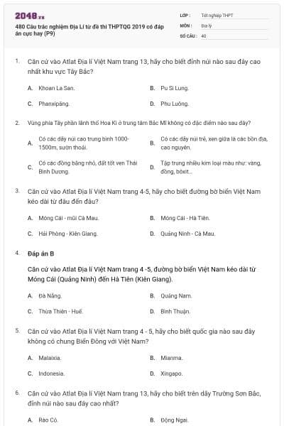480 Câu trắc nghiệm Địa Lí từ đề thi THPTQG 2019 có đáp án cực hay (P9)