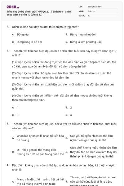 Tổng hợp 20 bộ đề thi thử THPTQG 2019 Sinh Học - Chinh phục điểm 9 điểm 10 (Đề số 12)
