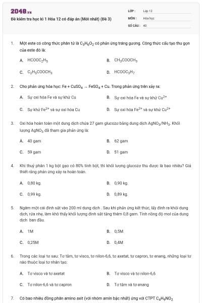 Đề kiểm tra học kì 1 Hóa 12 có đáp án (Mới nhất) (Đề 3)