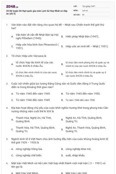 20 Đề luyện thi thpt quốc gia môn Lịch Sử Hay Nhất có đáp án (đề 5)