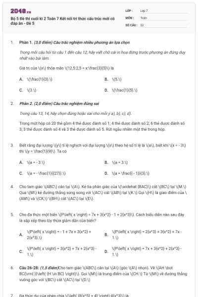 Bộ 5 Đề thi cuối kì 2 Toán 7 Kết nối tri thức cấu trúc mới có đáp án - Đề 5