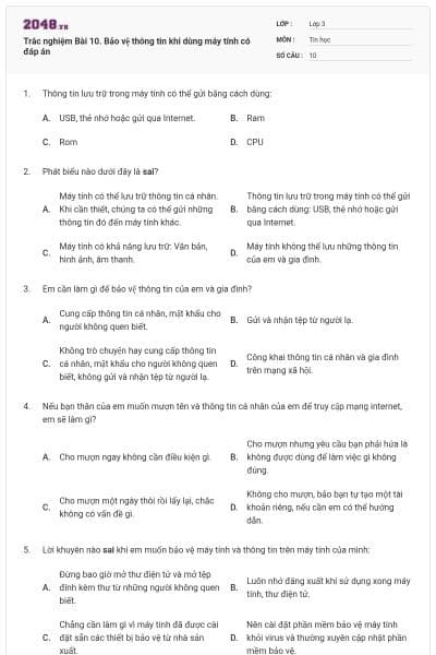 Trắc nghiệm Bài 10. Bảo vệ thông tin khi dùng máy tính có đáp án