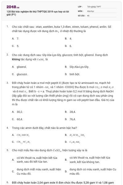 120 Bài trắc nghiệm thi thử THPTQG 2019 cực hay có lời giải (P1)