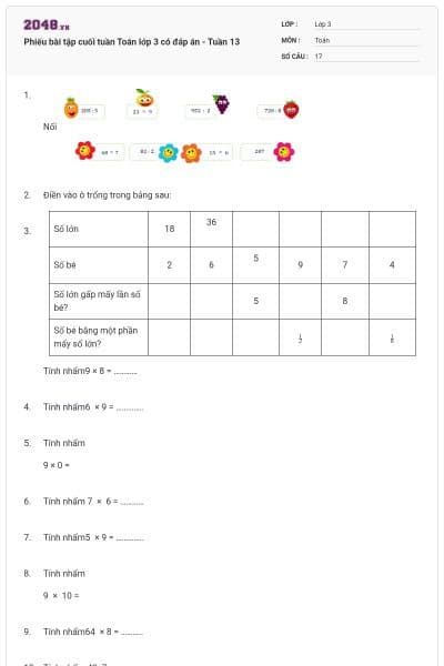 Phiếu bài tập cuối tuần Toán lớp 3 có đáp án - Tuần 13