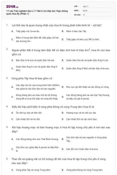 17 câu  Trắc nghiệm Địa Lí 11 Bài 6 (có đáp án): Hợp chủng quốc Hoa Kỳ (Phần 1)