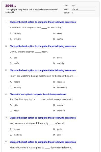Trắc nghiệm Tiếng Anh 9 Unit 5 Vocabulary and Grammar có đáp án