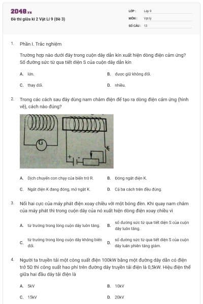Đề thi giữa kì 2 Vật Lí 9 (Đề 3)