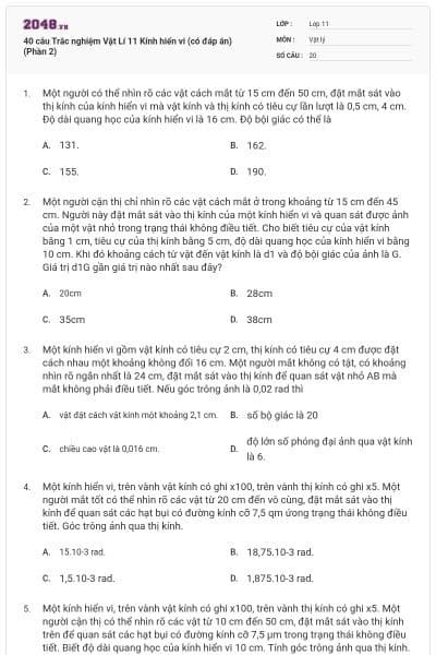 40 câu Trắc nghiệm Vật Lí 11 Kính hiển vi (có đáp án) (Phần 2)