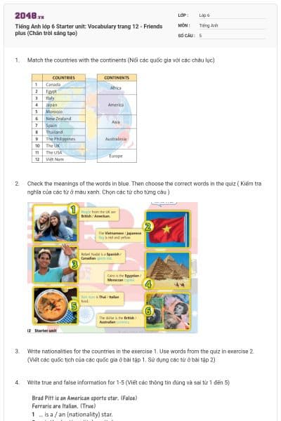 Tiếng Anh lớp 6 Starter unit: Vocabulary trang 12 - Friends plus (Chân trời sáng tạo)