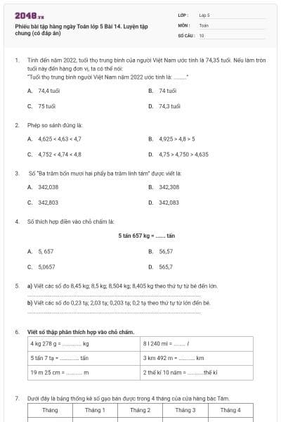 Phiếu bài tập hàng ngày Toán lớp 5 Bài 14. Luyện tập chung (có đáp án)