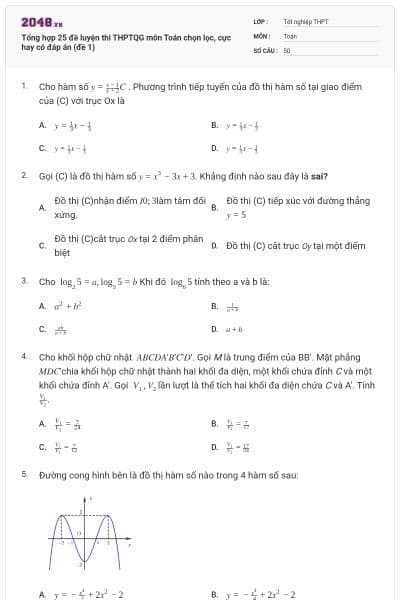 Tổng hợp 25 đề luyện thi THPTQG môn Toán chọn lọc, cực hay có đáp án (đề 1)