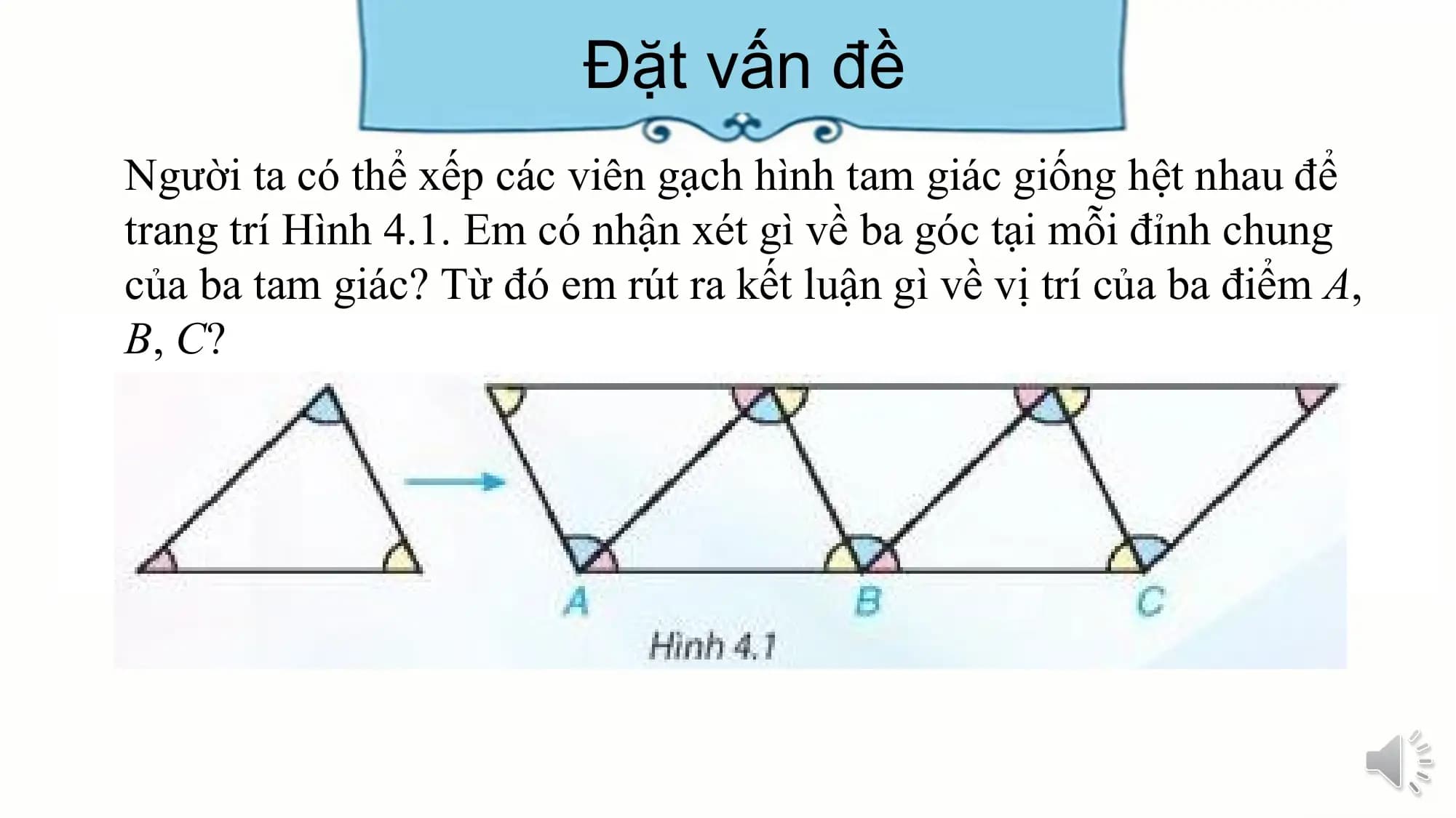 Đặt vấn đề
Người ta có thể xếp các viên gạch hình tam giác giống hệt nhau để
trang trí Hình 4.1. Em có nhận xét gì về ba góc tại mỗi đỉnh chung
của ba tam giác? Từ đó em rút ra kết luận gì về vị trí của ba điểm A,
B, C?