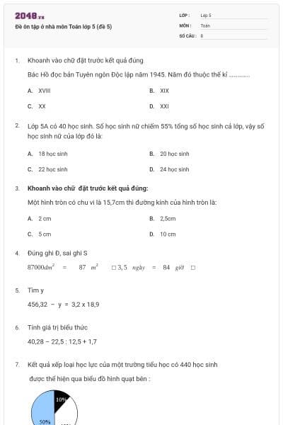 Đề ôn tập ở nhà môn Toán lớp 5 (đề 5)