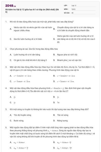 Đề kiểm tra Vật lý 12 giữa học kì I có đáp án (Mới nhất) (Đề 6)
