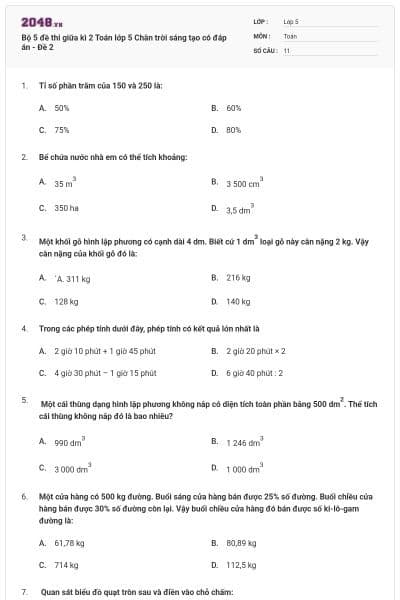Bộ 5 đề thi giữa kì 2 Toán lớp 5 Chân trời sáng tạo có đáp án - Đề 2