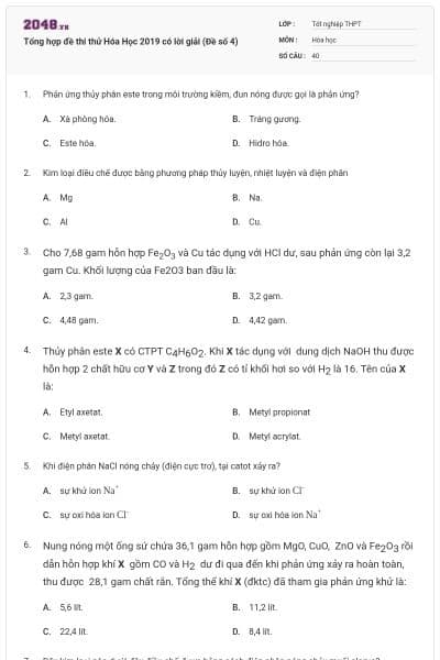 Tổng hợp đề thi thử Hóa Học 2019 có lời giải (Đề số 4)