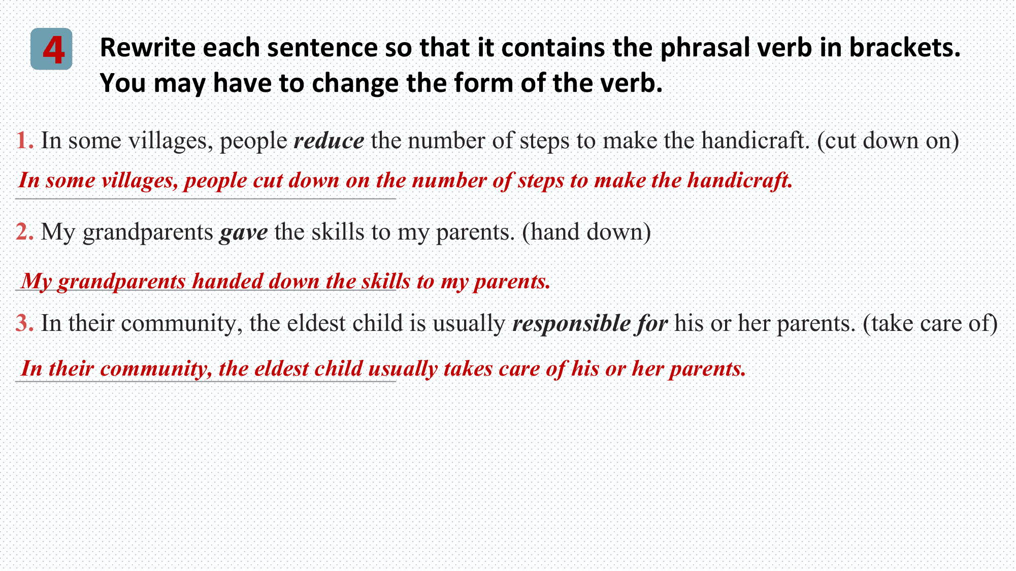 4 Rewrite each sentence so that it contains the phrasal verb in brackets.
 You may have to change the form of the verb.
1. In some villages, people reduce the number of steps to make the handicraft. (cut down on)
In some villages, people cut down on the number of steps to make the handicraft.
______________________________
2. My grandparents gave the skills to my parents. (hand down)
______________________________
My grandparents handed down the skills to my parents.
3. In their community, the eldest child is usually responsible for his or her parents. (take care of)
______________________________
In their community, the eldest child usually takes care of his or her parents.