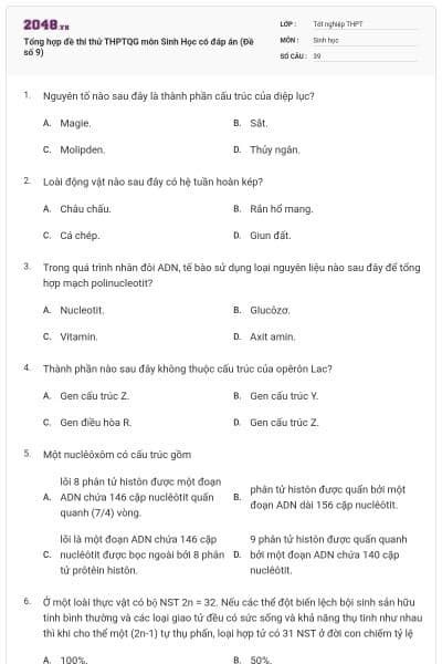 Tổng hợp đề thi thử THPTQG môn Sinh Học có đáp án (Đề số 9)