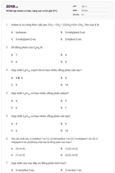 98 Bài tập Anken cơ bản, nâng cao có lời giải (P1)