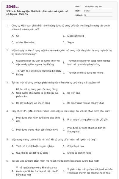 500+ câu Trắc nghiệm Phát triển phần mềm mã nguồn mở có đáp án - Phần 16