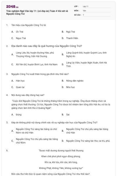 Trắc nghiệm Ngữ Văn lớp 11: (có đáp án) Tuần 4 Vài nét về Nguyễn Công Trứ