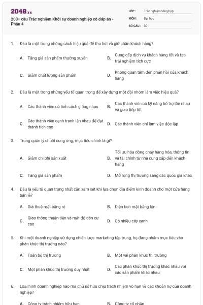 200+ câu Trắc nghiệm Khởi sự doanh nghiệp có đáp án - Phần 4