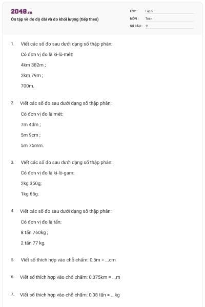 Ôn tập về đo độ dài và đo khối lượng (tiếp theo)