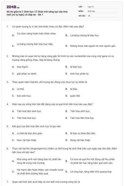 Đề thi giữa kì 2 Sinh học 12 Chân trời sáng tạo cấu trúc mới (có tự luận) có đáp án - Đề 1
