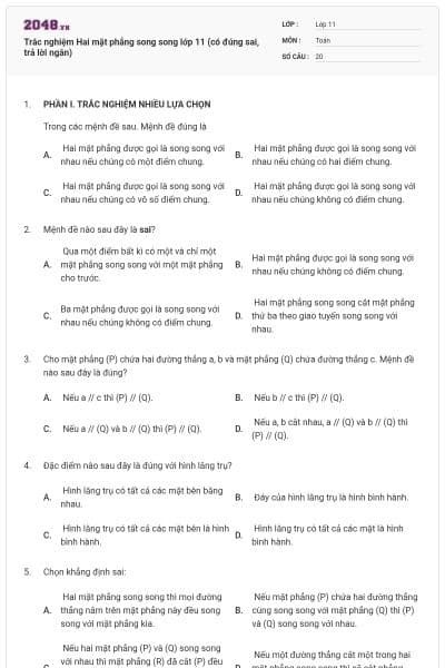 Trắc nghiệm Hai mặt phẳng song song lớp 11 (có đúng sai, trả lời ngắn)