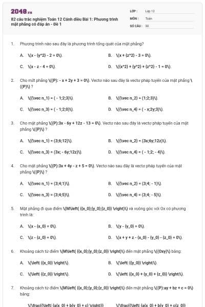 82 câu trắc nghiệm Toán 12 Cánh diều Bài 1: Phương trình mặt phẳng có đáp án - Đề 1