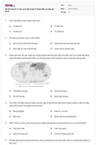 Đề thi cuối kì 2 Lịch sử & Địa lí lớp 5 Cánh diều có đáp án - Đề 3
