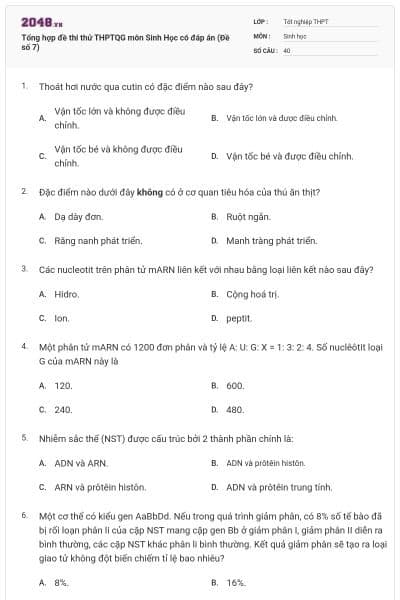 Tổng hợp đề thi thử THPTQG môn Sinh Học có đáp án (Đề số 7)