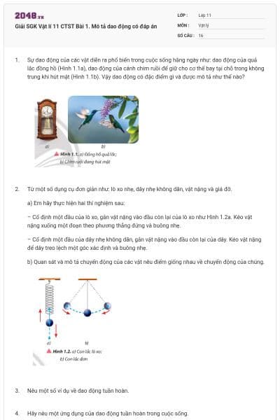 Giải SGK Vật lí 11 CTST Bài 1. Mô tả dao động có đáp án