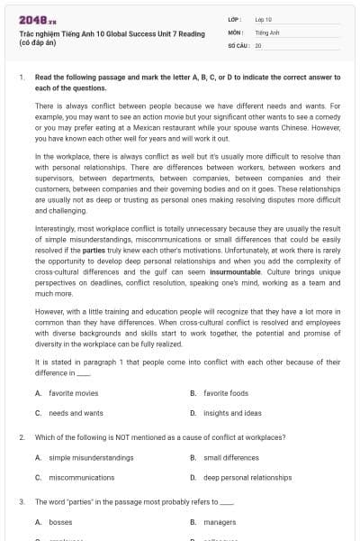 Trắc nghiệm Tiếng Anh 10 Global Success Unit 7 Reading (có đáp án)