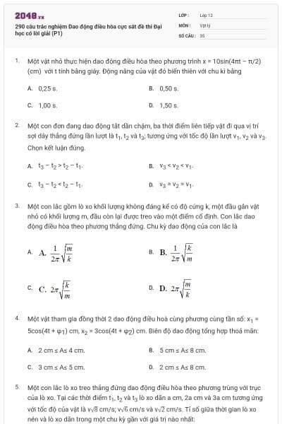 290 câu trắc nghiệm Dao động điều hòa cực sát đề thi Đại học có lời giải (P1)
