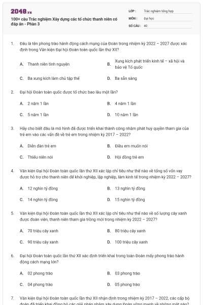 100+ câu Trắc nghiệm Xây dựng các tổ chức thanh niên có đáp án - Phần 3
