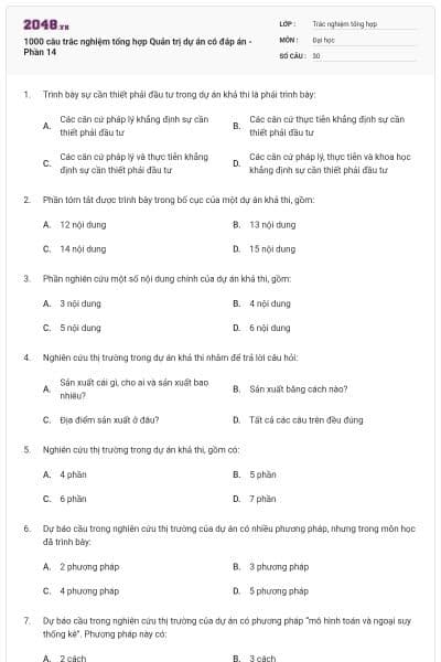 1000 câu trắc nghiệm tổng hợp Quản trị dự án có đáp án  - Phần 14