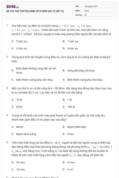 ĐỀ THI THỬ THPTQG NĂM 2019 MÔN VẬT LÝ (ĐỀ 15)