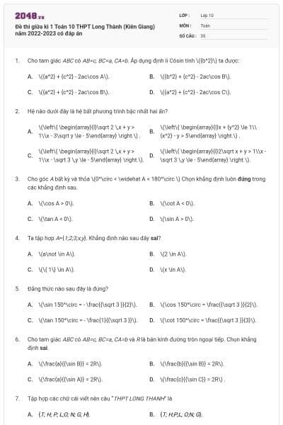 Đề thi giữa kì 1 Toán 10 THPT Long Thành (Kiên Giang) năm 2022-2023 có đáp án