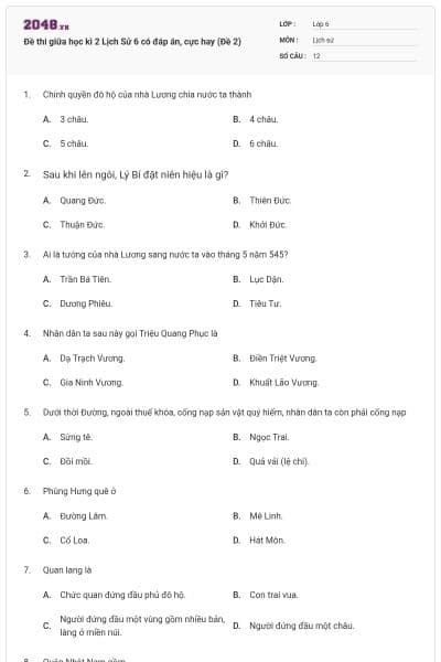 Đề thi giữa học kì 2 Lịch Sử 6 có đáp án, cực hay (Đề 2)